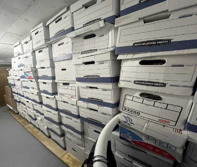 A photo published by the US Justice Department in their charging document against former US president Donald Trump shows what the Justice Department says are boxes of documents stored in a storage room at Trump's Mar-a-Lago club in Florida in 2021 as seen in the legal document released by the Justice Department in Washington, US June 9. Photo: Reuters