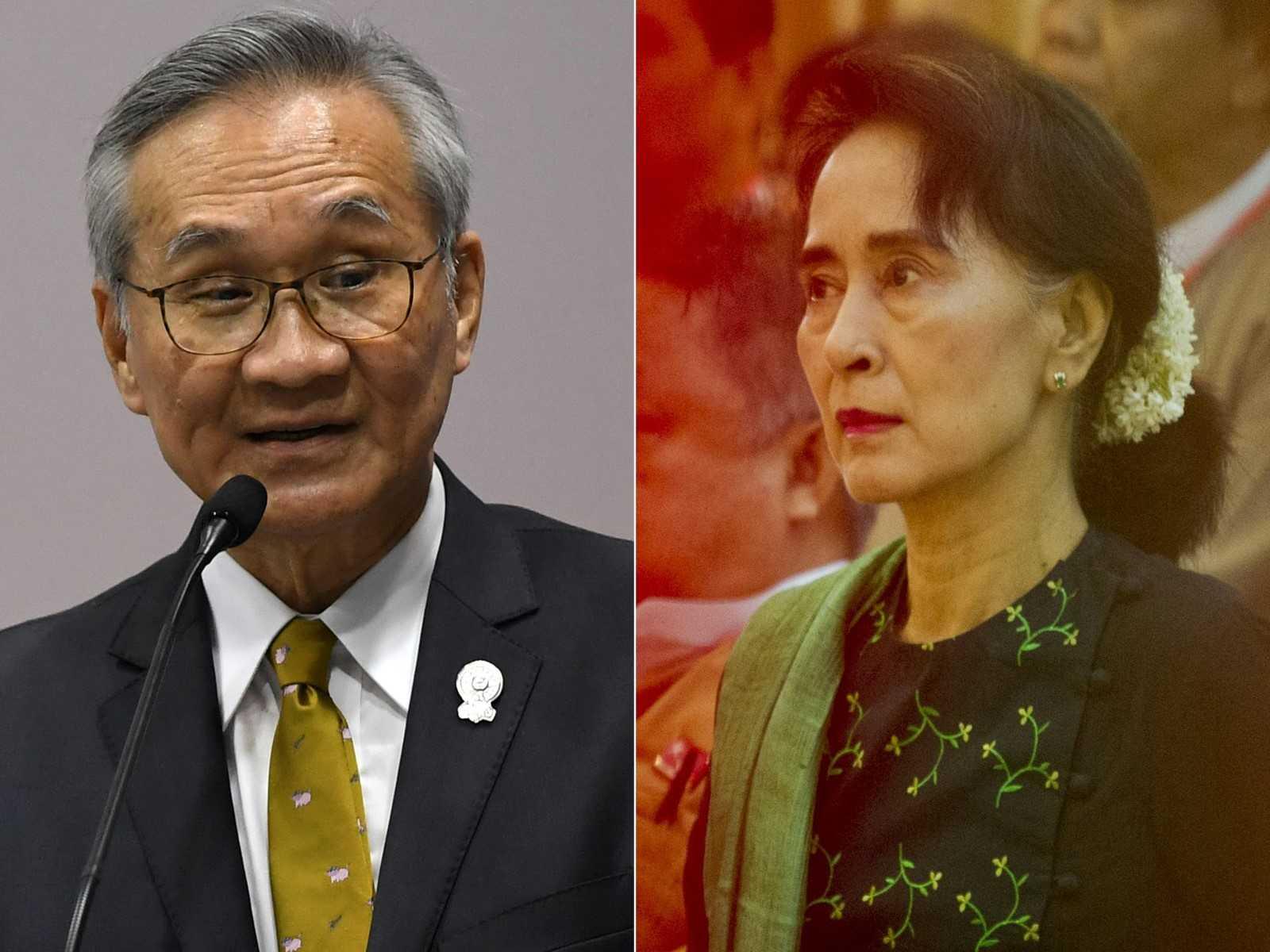 This combination of file pictures created on July 12, shows Thailand's Foreign Minister Don Pramudwinai and Myanmar's opposition leader Aung San Suu Kyi. Photo: AFP