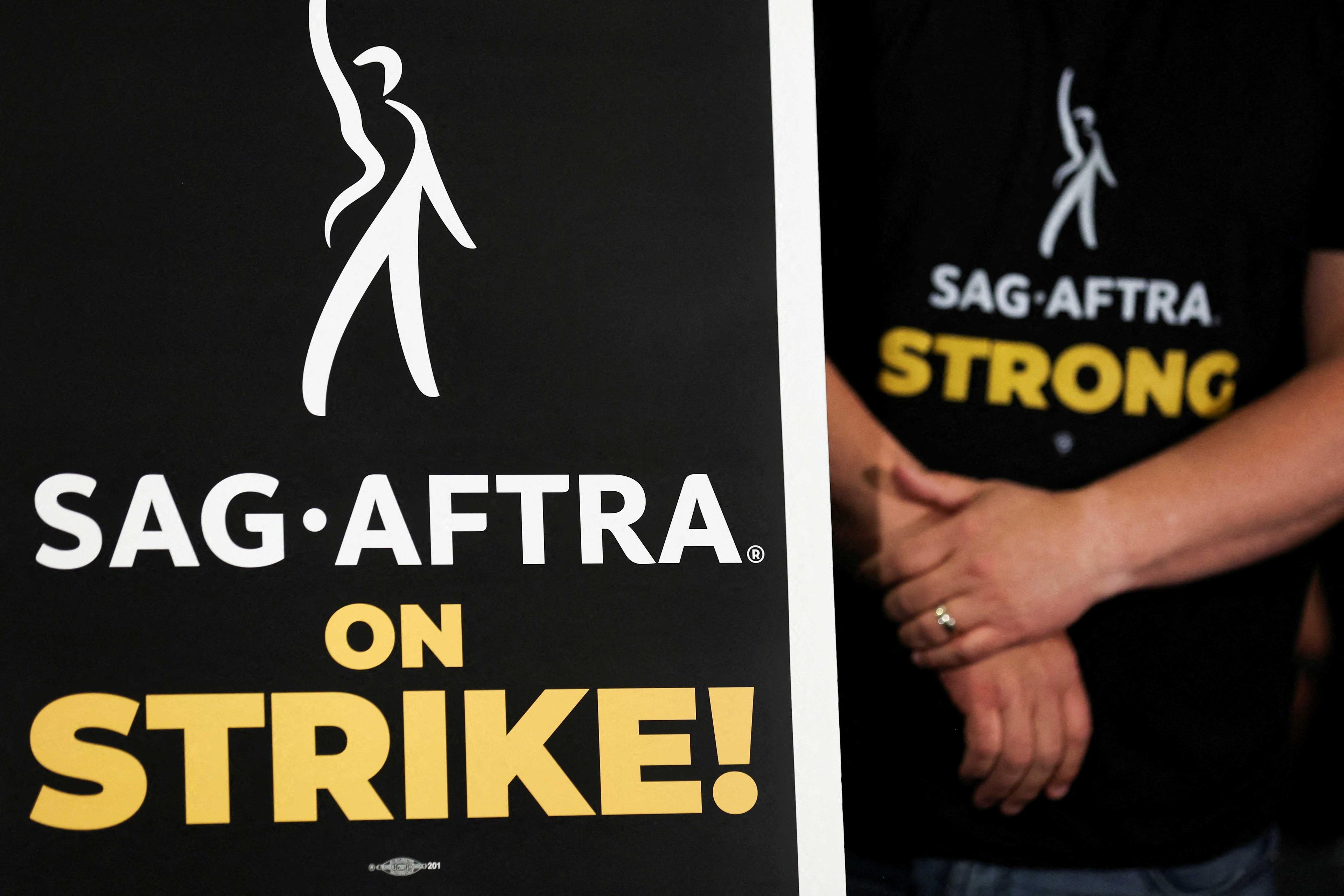 A sign is pictured at SAG-AFTRA offices after negotiations ended with the Alliance of Motion Picture and Television Producers (AMPTP), triggering an actors’ strike, in Los Angeles, California, US, July 13. Photo: Reuters