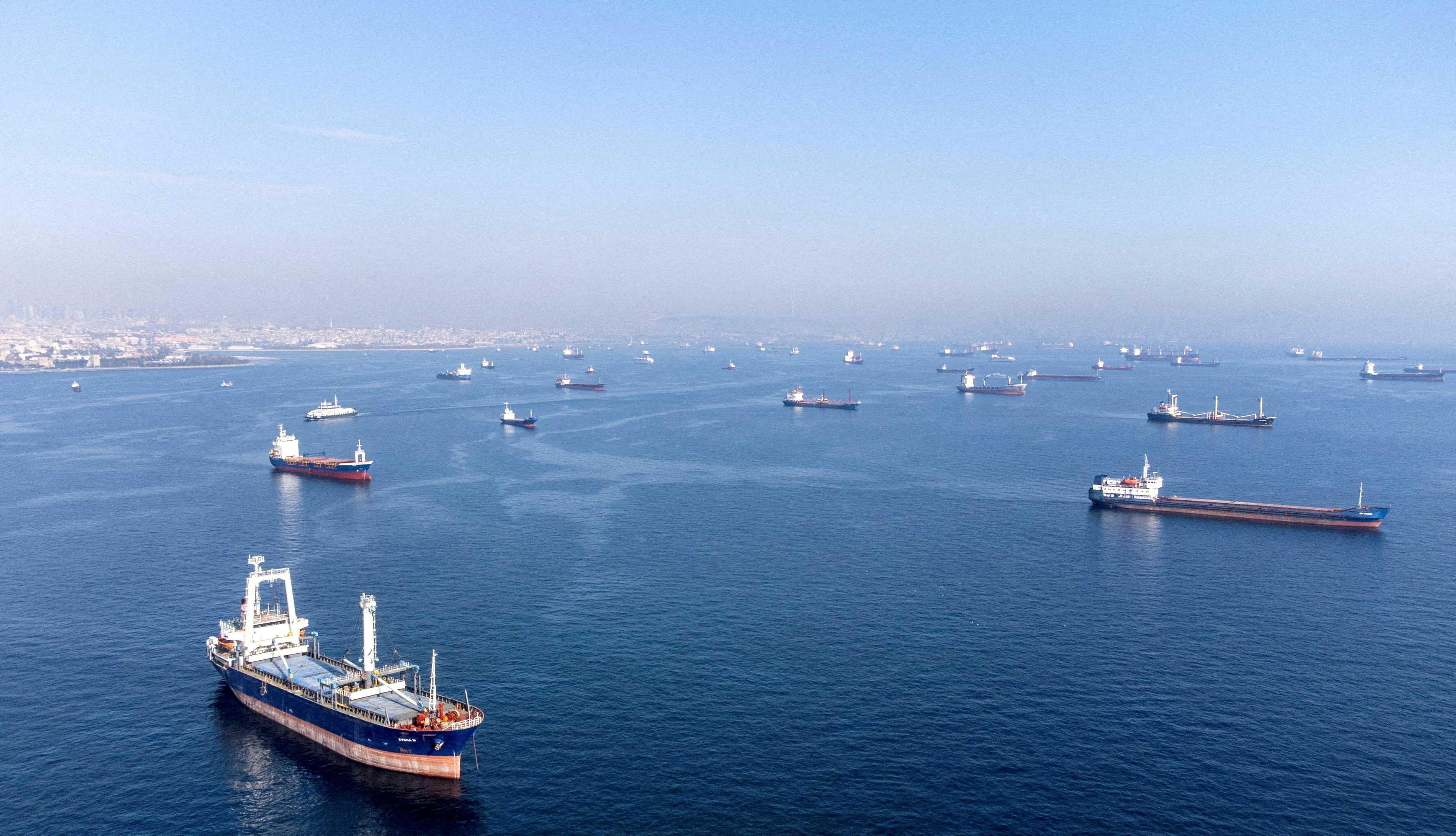 Commercial vessels including vessels which are part of Black Sea grain deal wait to pass the Bosphorus strait off the shores of Yenikapi during a misty morning in Istanbul, Turkey, Oct 31, 2022. Photo: Reuters