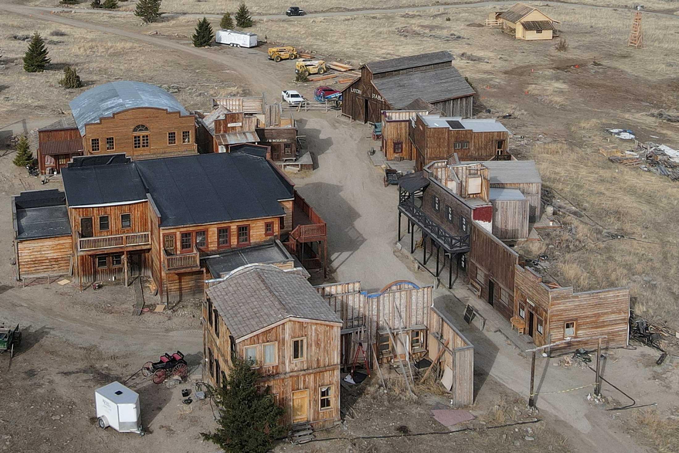 Buildings used on the set of the movie 'Rust' are seen after filming resumed following the 2021 shooting death in New Mexico of cinematographer Halyna Hutchins, in Livingston, Montana, US April 22. Photo: Reuters