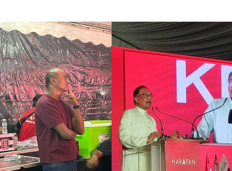 Penduduk Kota Anggerik Shanker Sundaram pada satu majlis di mana beliau mengganggu ucapan Perdana Menteri Anwar Ibrahim kerana menamakan penyandang Najwan Halimi sebagai calon PKR kawasan itu. Gambar: Facebook