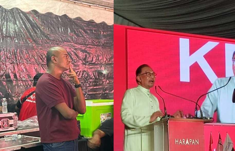 Kota Anggerik resident Shanker Sundaram at the event in Shah Alam, where he interrupted Prime Minister Anwar Ibrahim for naming incumbent Najwan Halimi as the constituency's PKR candidate. Photo: Facebook