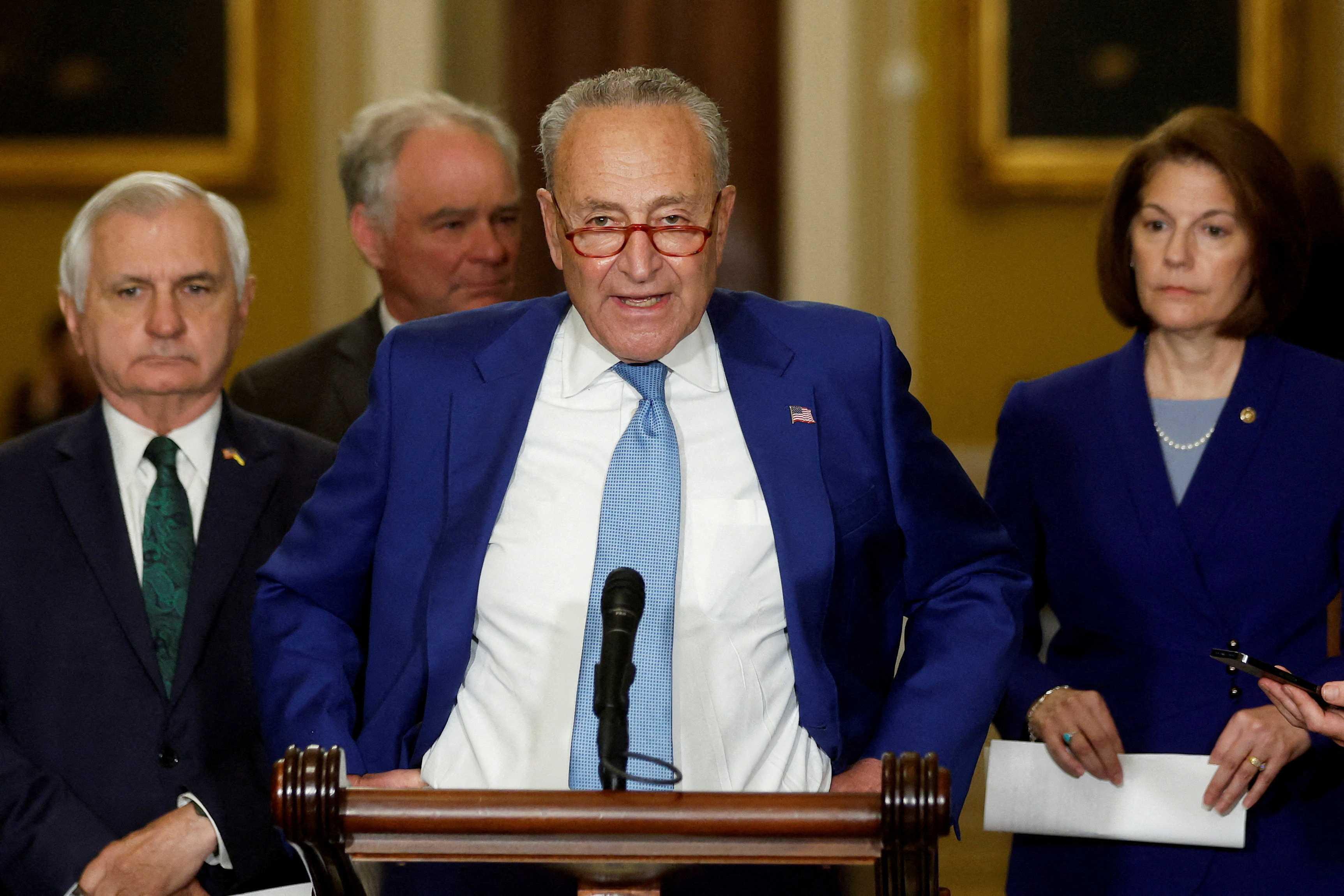 US Senate Majority Leader Chuck Schumer holds a press conference after the weekly Democratic caucus policy luncheon at the US Capitol in Washington, US July 19. Photo: Reuters