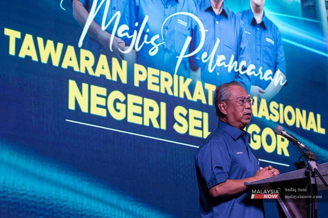 Perikatan Nasional chairman Muhyiddin Yassin speaks during the Prihatin Selangor economic stimulus package announcement in Shah Alam, Aug 4.