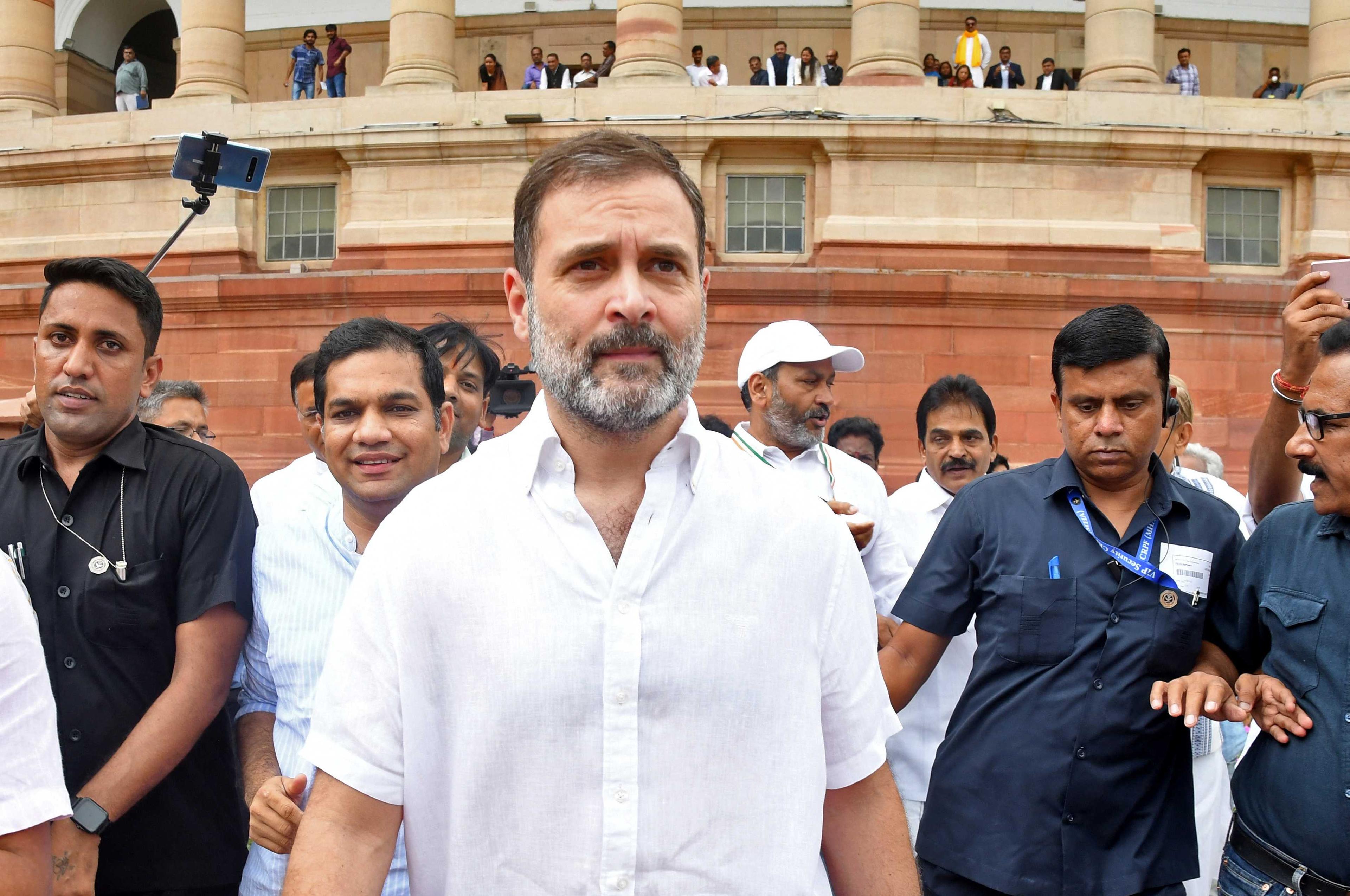 Rahul Gandhi, a senior leader of India's main opposition Congress party, arrives at the parliament after he was reinstated as a lawmaker, in New Delhi, India, Aug 7. Photo: Reuters