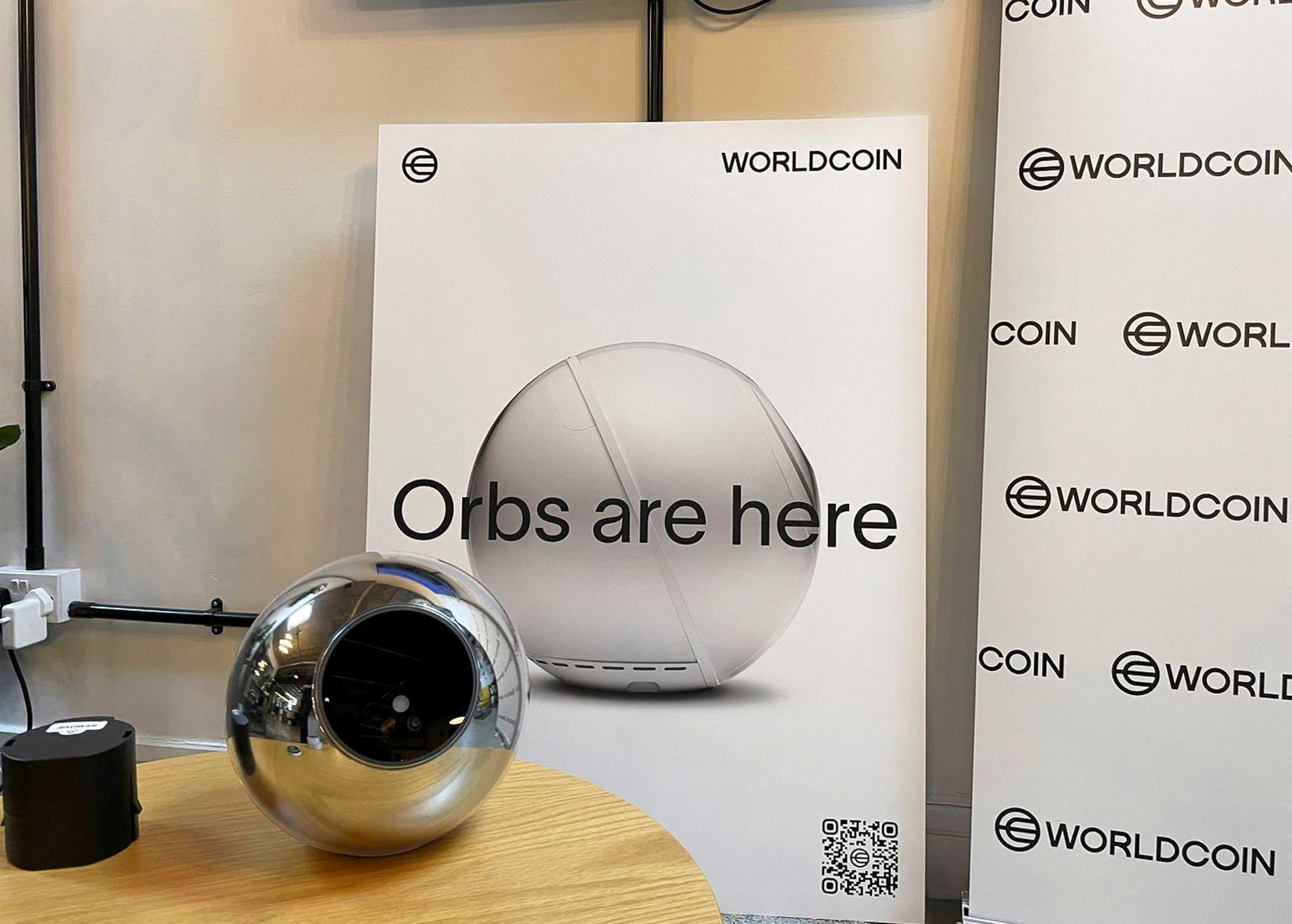 WorldCoin's iris-scanning device is seen at a sign-up site in Shoreditch, East London, Britain July 24. Photo: Reuters
