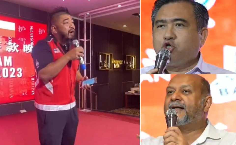 A man delivers a speech filled with Chinese expletives as he attacks PAS, Umno and MCA, in a viral clip of an event in Cheras also attended by top DAP leaders Anthony Loke and Gobind Singh Deo (insets, right).