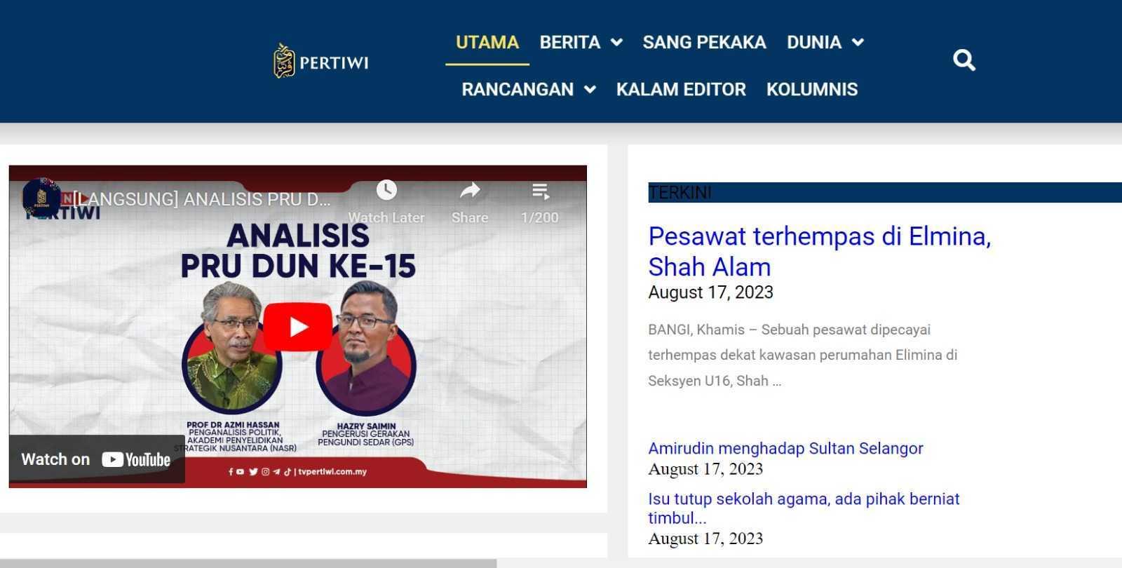 Tangkap layar laman sesawang TV Pertiwi, yang boleh diakses melalui penggunaan rangkaian peribadi maya bagi memintas sekatan SKMM.
