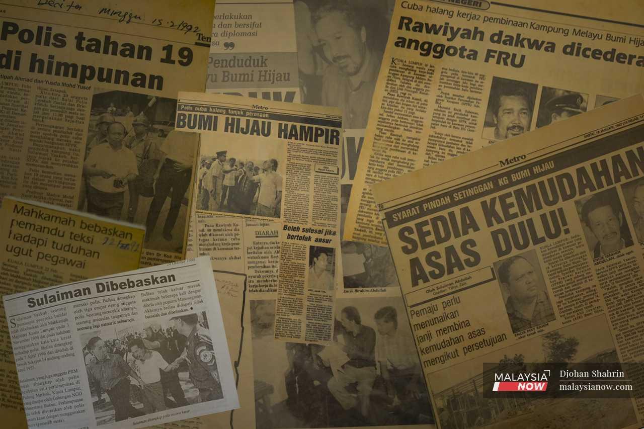Numerous press clippings chronicle the land disputes in Kampung Melayu Bumi Hijau, portraying the residents' struggle to protect their homes, including Sulaiman's arrest.