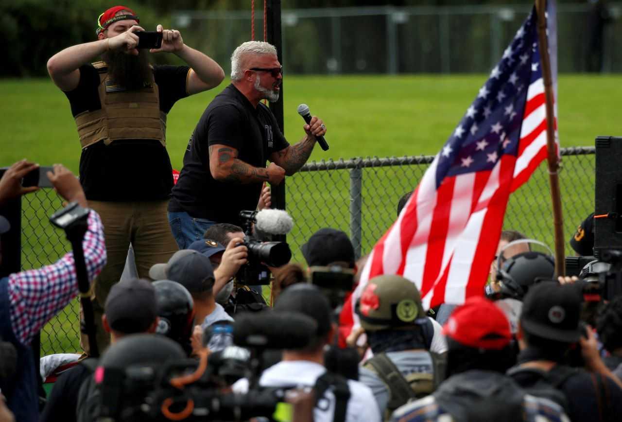 Proud Boys member Joe Biggs speaks during a rally in Portland, Oregon, Sept 26, 2020, before he was later arrested for his involvement in the storming of the US Capitol building in Washington. DC, US. Photo: Reuters