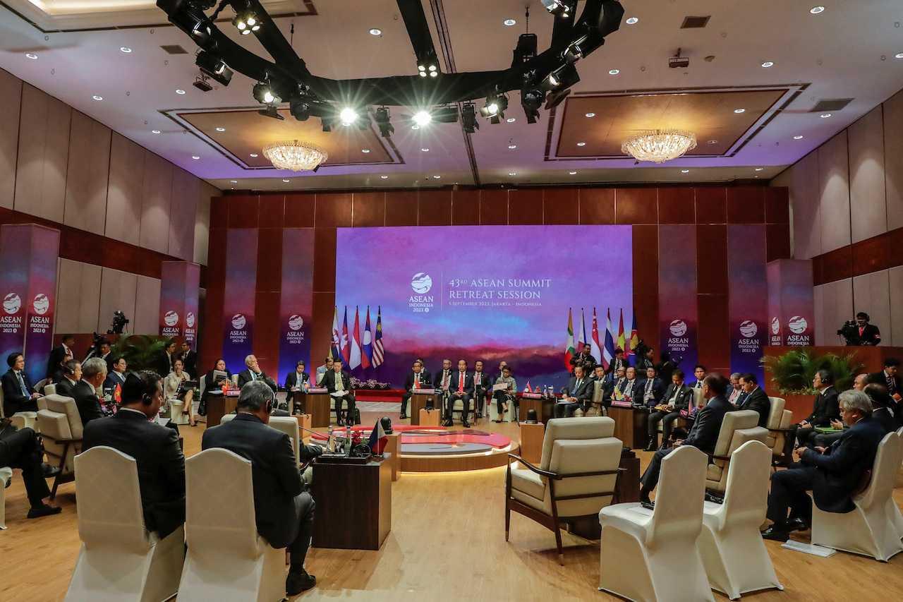 A general view of the retreat session of the 43rd Asean Summit in Jakarta, Indonesia, Sept 5. Photo: Reuters