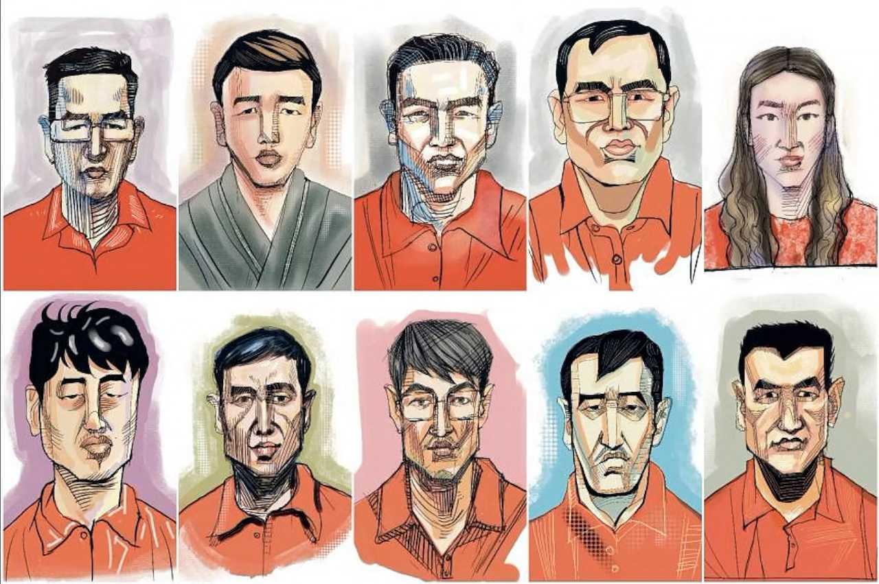 Ilustrasi mahkamah terhadap 10 warga asing yang dituduh terlibat dalam aktiviti pengubahan wang haram terbesar di Singapura (dari kiri atas) Su Baolin, Su Haijin, Chen Qingyuan, Su Wenqiang, Lin Baoying, Zhang Ruijin, Wang Dehai, Su Jianfeng, Vang Shuiming dan Wang Baosen. Gambar: Reuters