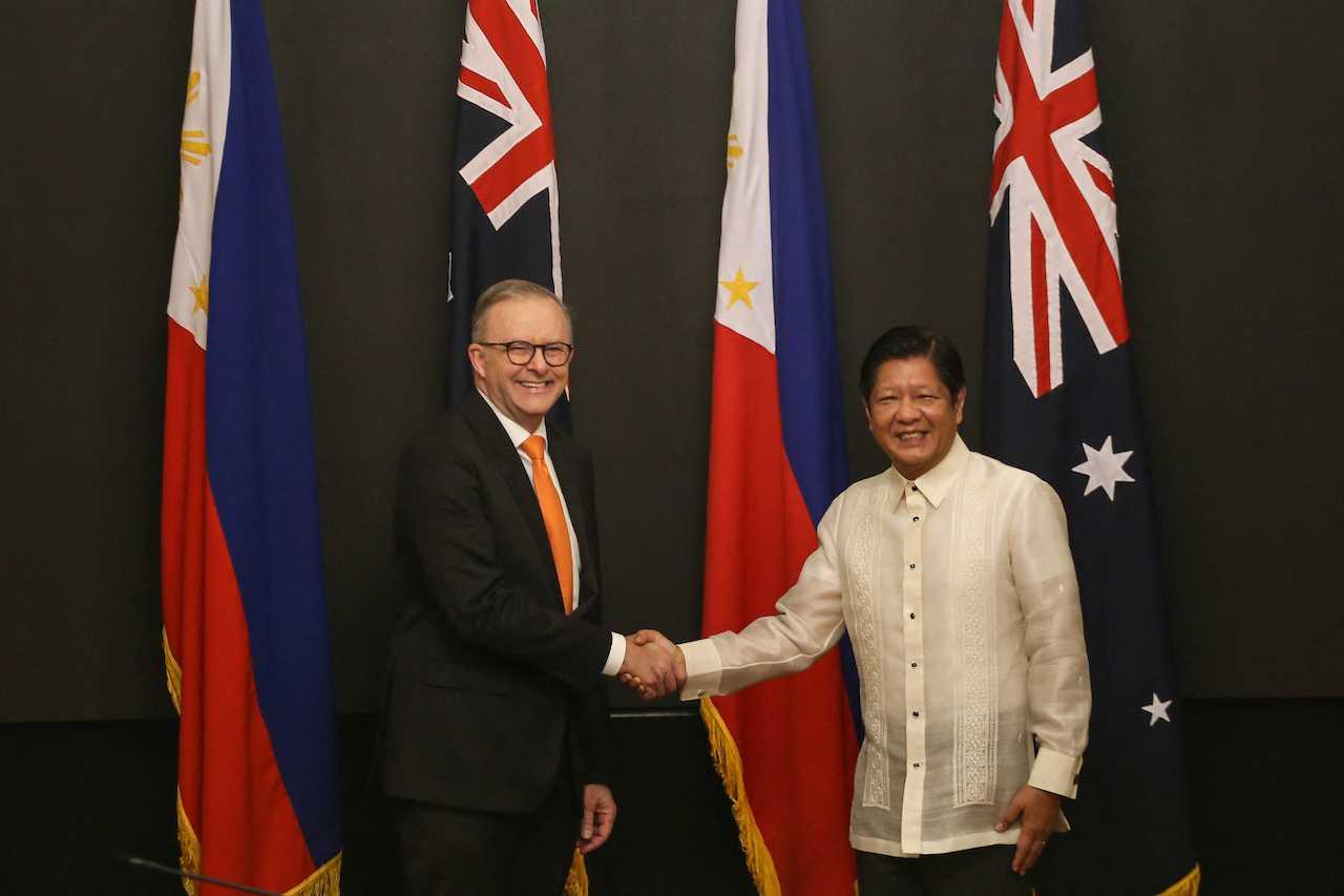 Philippine President Ferdinand Marcos Jr shakes hands with Australia's Prime Minister Anthony Albanese before a bilateral meeting at the Malacanang palace in Manila, Philippines, Sept 8. Photo: Reuters