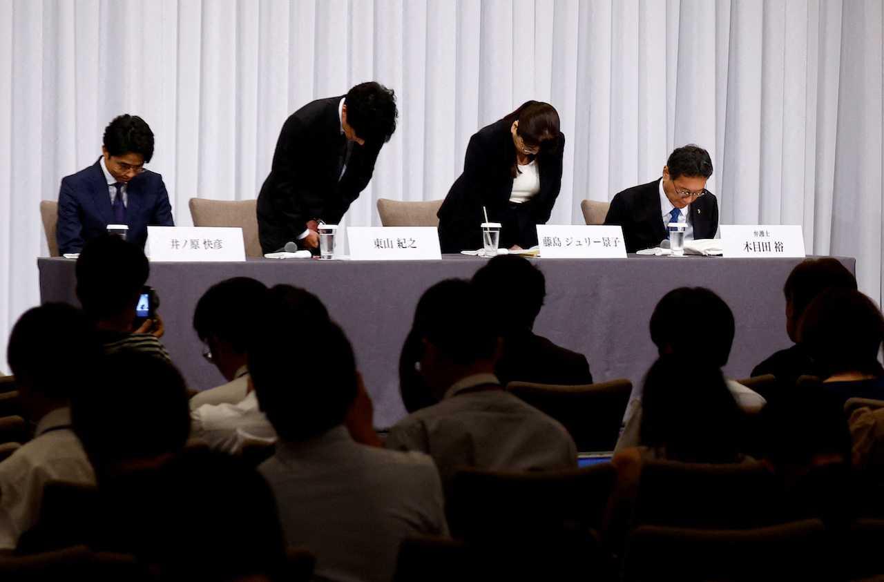 Japanese talent agency Johnny & Associates chief Julie K Fujishima and its new chief Noriyuki Higashiyama attend a press conference with CEO of Johnny's Island Yoshihiko Inohara and their lawyer Hiroshi Kimeda in Tokyo, Japan, Sept 7. Photo: Reuters