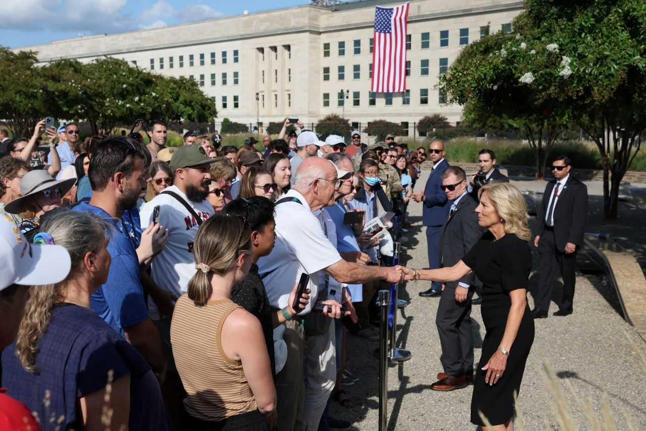 US first lady Jill Biden attends a wreath laying ceremony at the National 9/11 Pentagon Memorial, on the day of the 22nd anniversary of the Sept 11, 2001 attacks on the World Trade Center, in Arlington, Virginia, US, Sept 11. Photo: Reuters