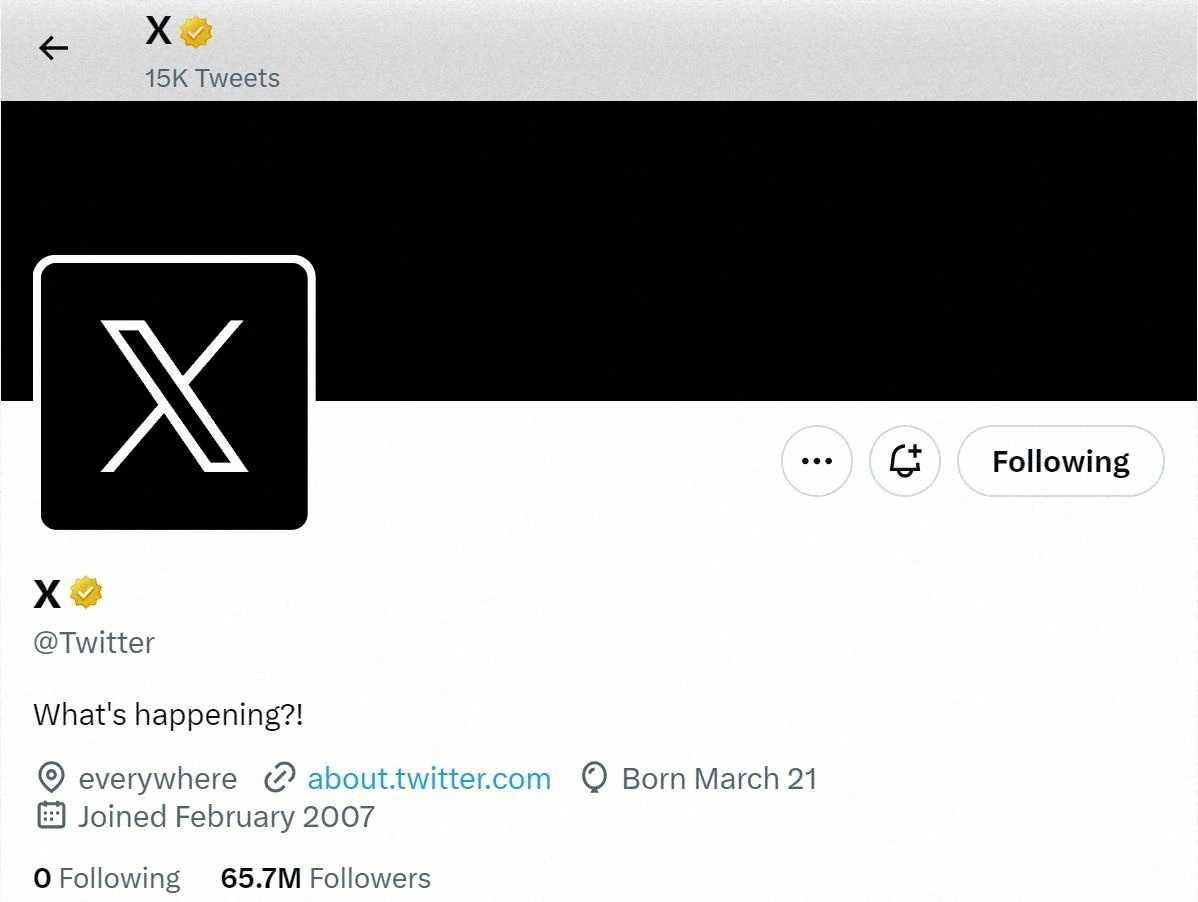 A screen capture of Twitter's official page with an 'X' on the profile image is seen on July 23, in this screengrab obtained from a social media website. Photo: Reuters