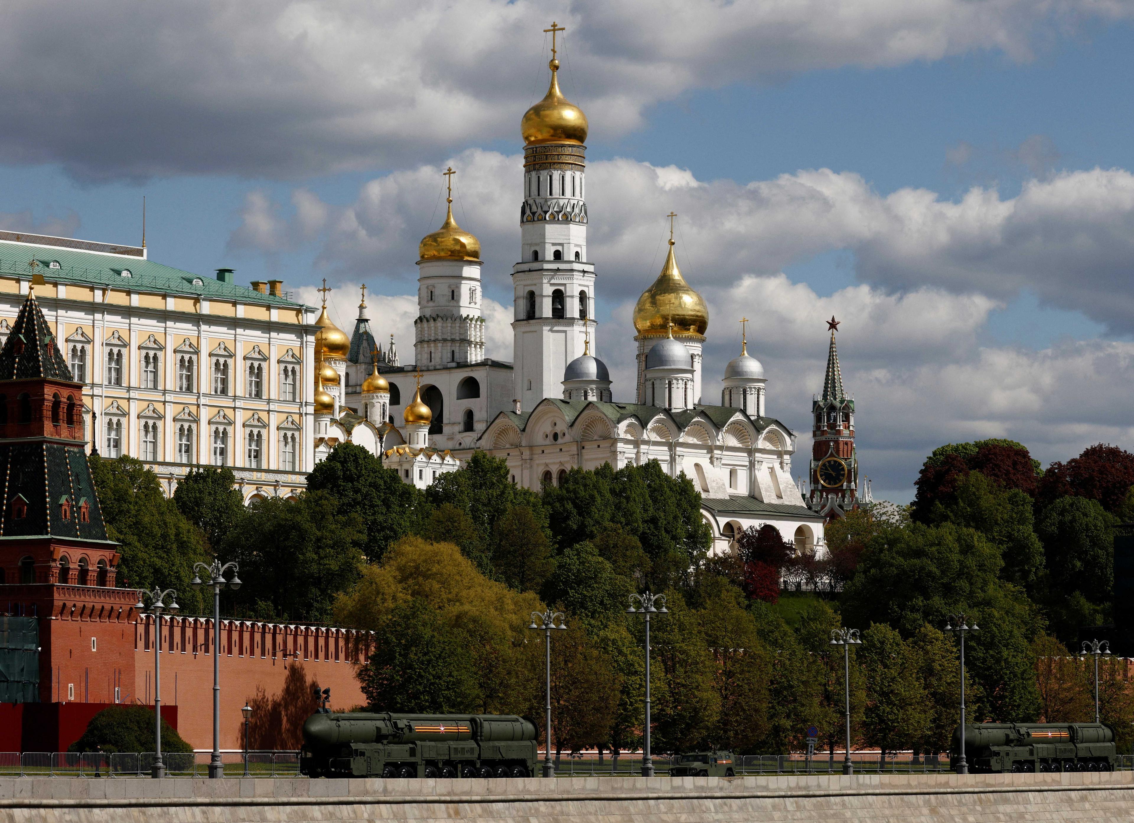 Russian Yars intercontinental ballistic missile systems and other armoured vehicles drive past the Kremlin wall in Moscow, Russia May 9. Photo: Reuters