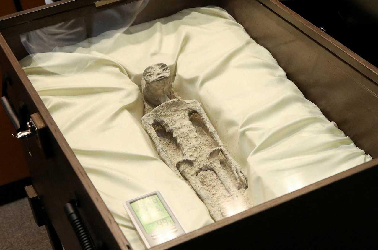 Remains of an allegedly 'non-human' being seen on display during a briefing on unidentified flying objects, known as UFOs, at the San Lazaro legislative palace, in Mexico City, Mexico, Sept 12. Photo: Reuters