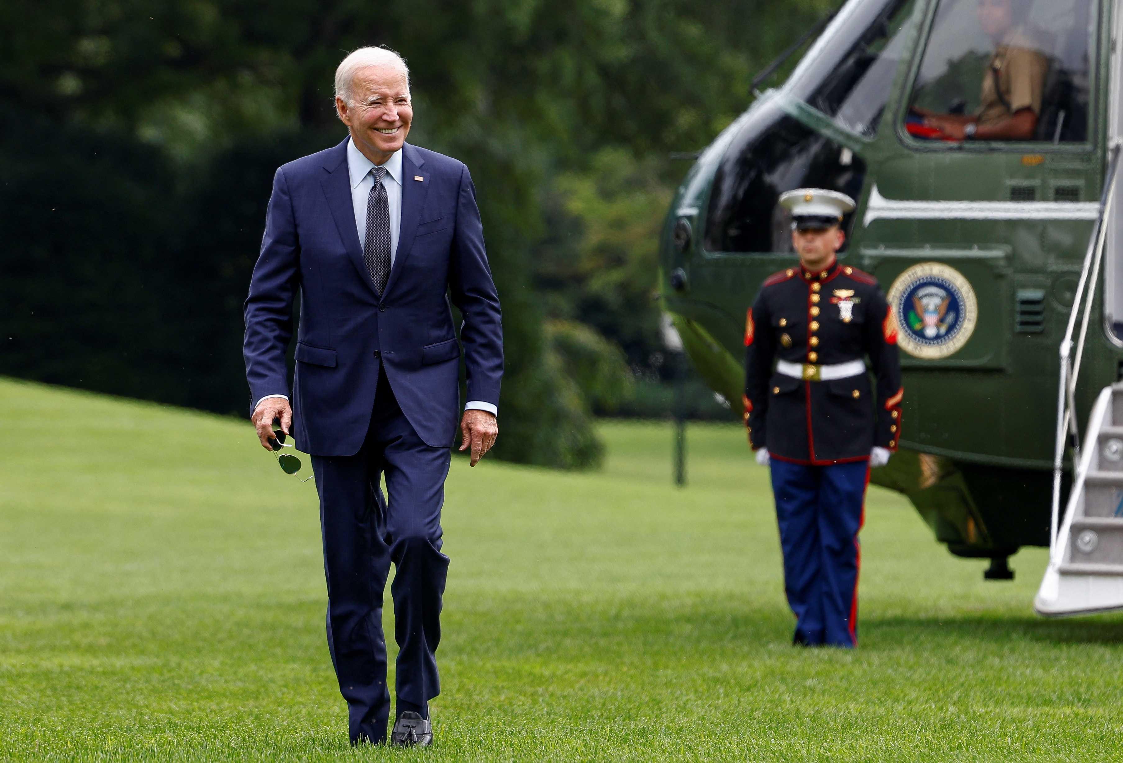 US President Joe Biden walks to the White House from Marine One on the South Lawn of the White House in Washington, US, Sept 17. Photo: Reuters