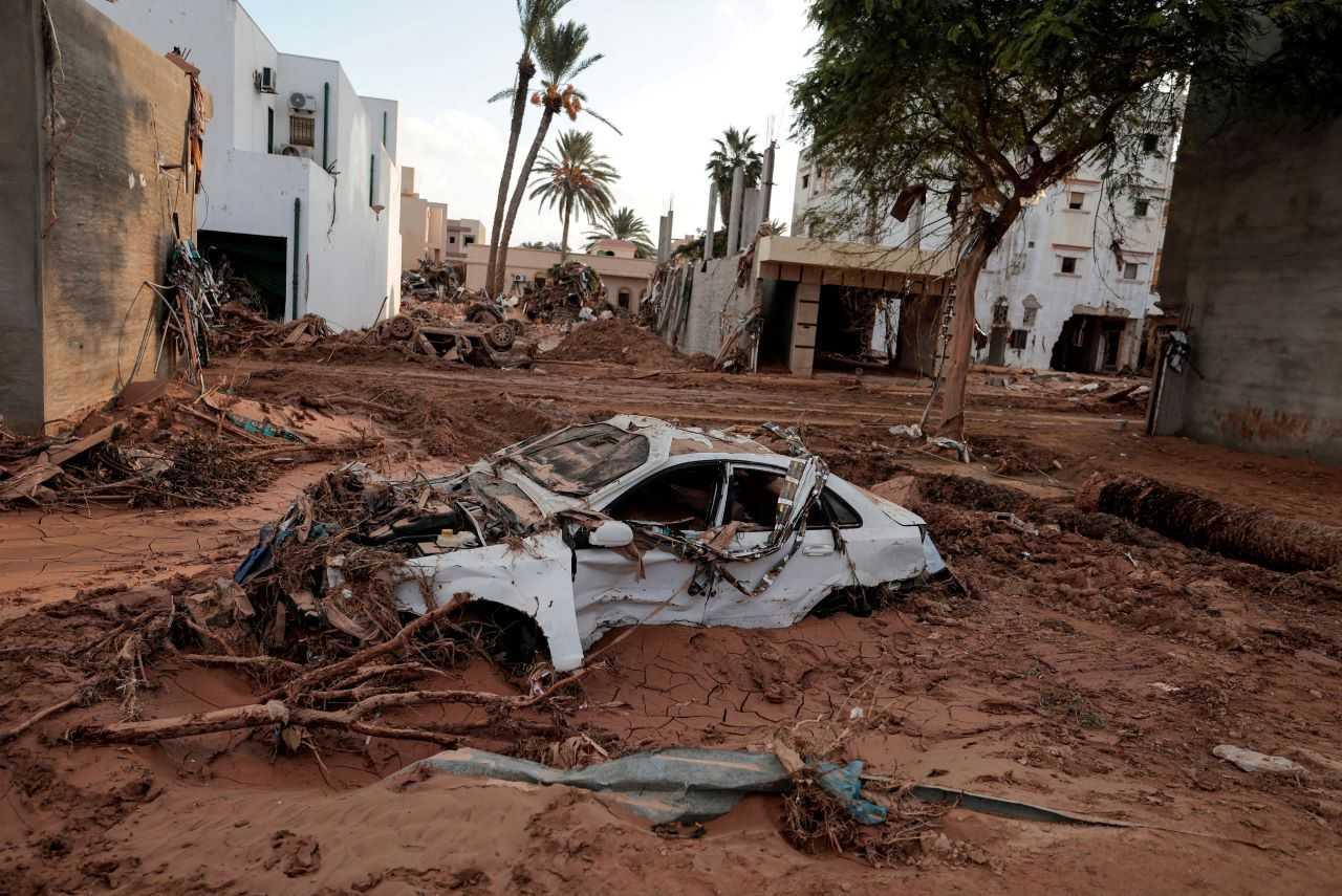 A car is submerged in mud after a powerful storm and heavy rainfall hit Libya, in Derna, Libya Sept 16. Photo: Reuters