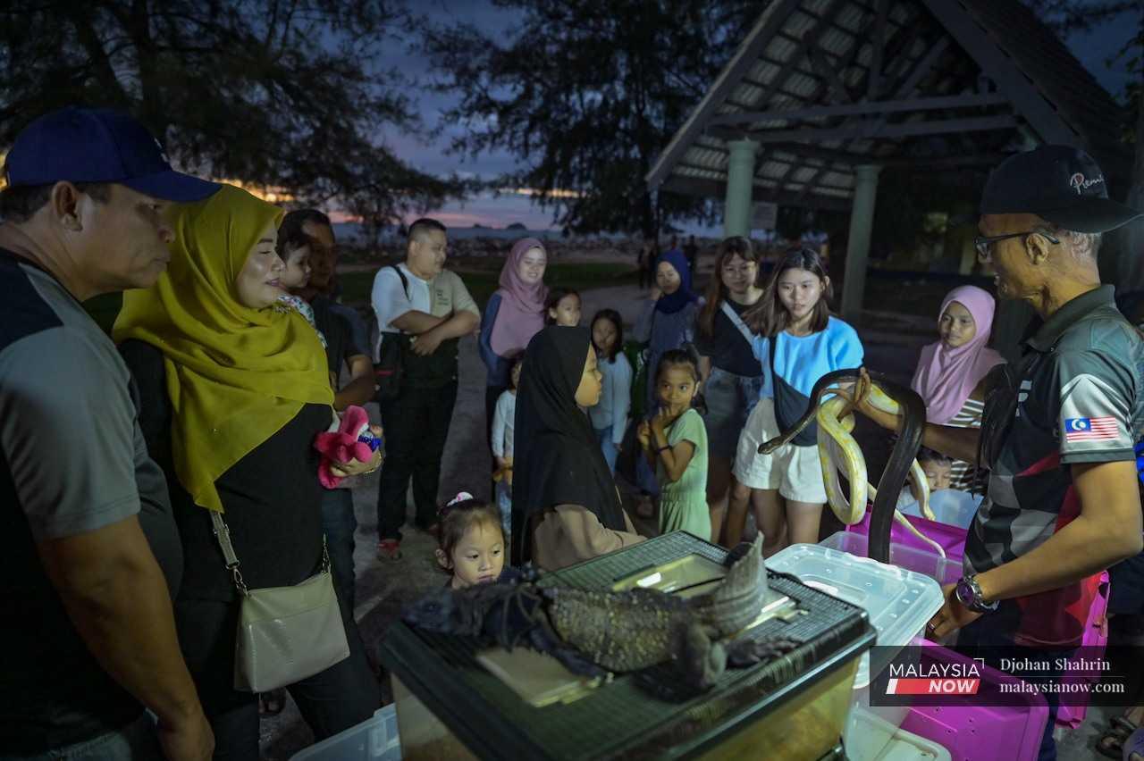 Visitors listen to Jebat's explanations about these exotic animals, reacting with varying degrees of courage and fear.