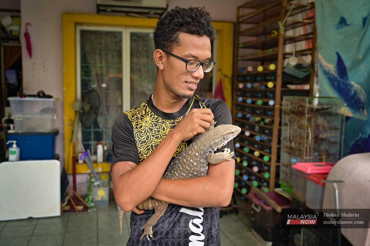 Jebat also cares for a tame two-year-old Savannah monitor lizard from Africa.