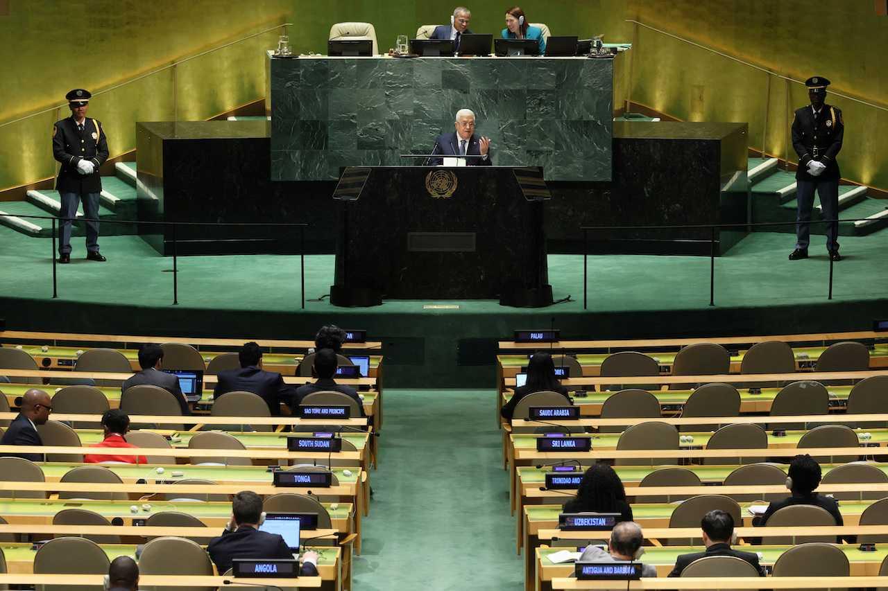 Palestine President Mahmoud Abbas addresses the 78th Session of the UN General Assembly in New York City, Sept 21. Photo: Reuters