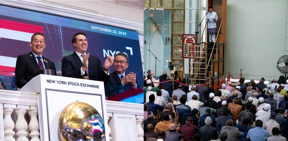 Thailand's Srettha Thavisin rings the opening bell at the New York Stock Exchange while Prime Minister Anwar Ibrahim delivers a sermon at a mosque in this photo compilation of the sidelines of their trip for the UN General Assembly in the US. Photo: Facebook
