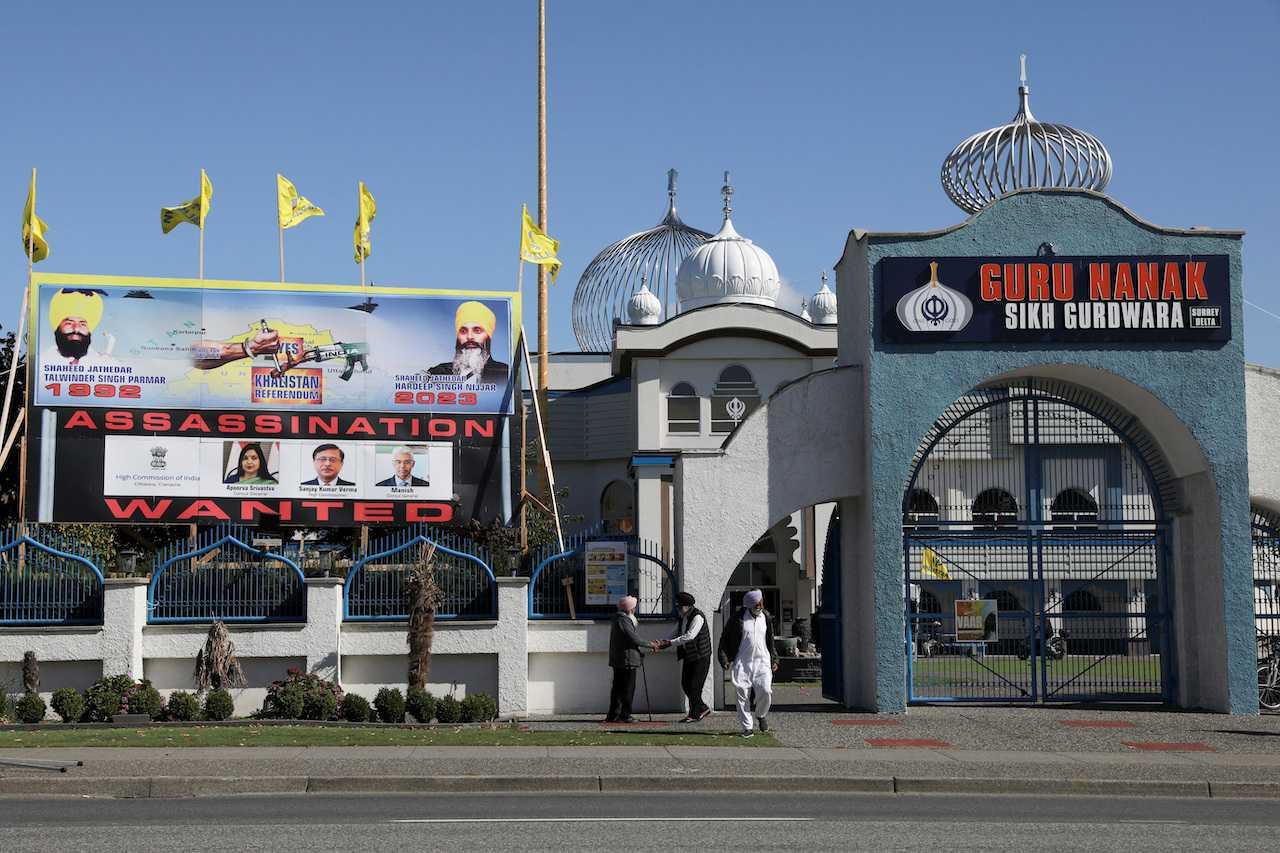 A sign outside the Guru Nanak Sikh Gurdwara temple is seen after the killing on its grounds in June 2023 of Sikh leader Hardeep Singh Nijjar, in Surrey, British Columbia, Canada, Sept 18. Photo: Reuters