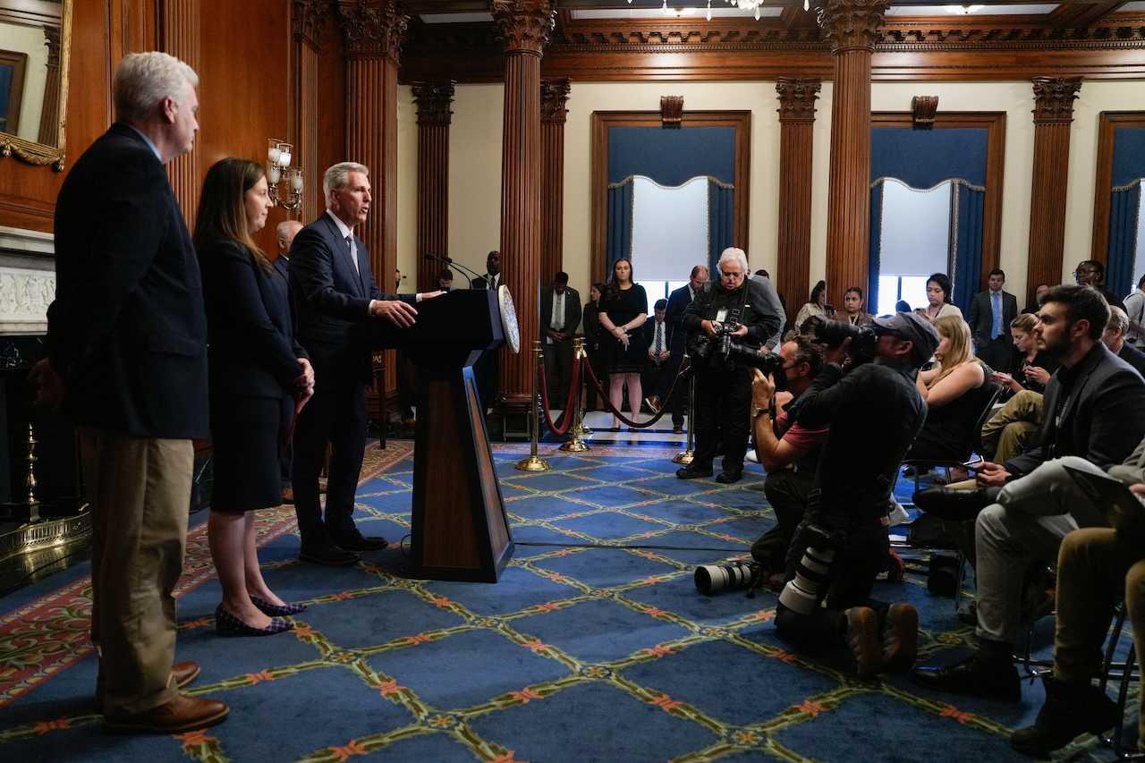 US House speaker Kevin McCarthy speaks to reporters in the US Capitol after the House of Representatives passed a stopgap government funding bill to avert an immediate government shutdown, on Capitol Hill in Washington, Sept 30. Photo: Reuters