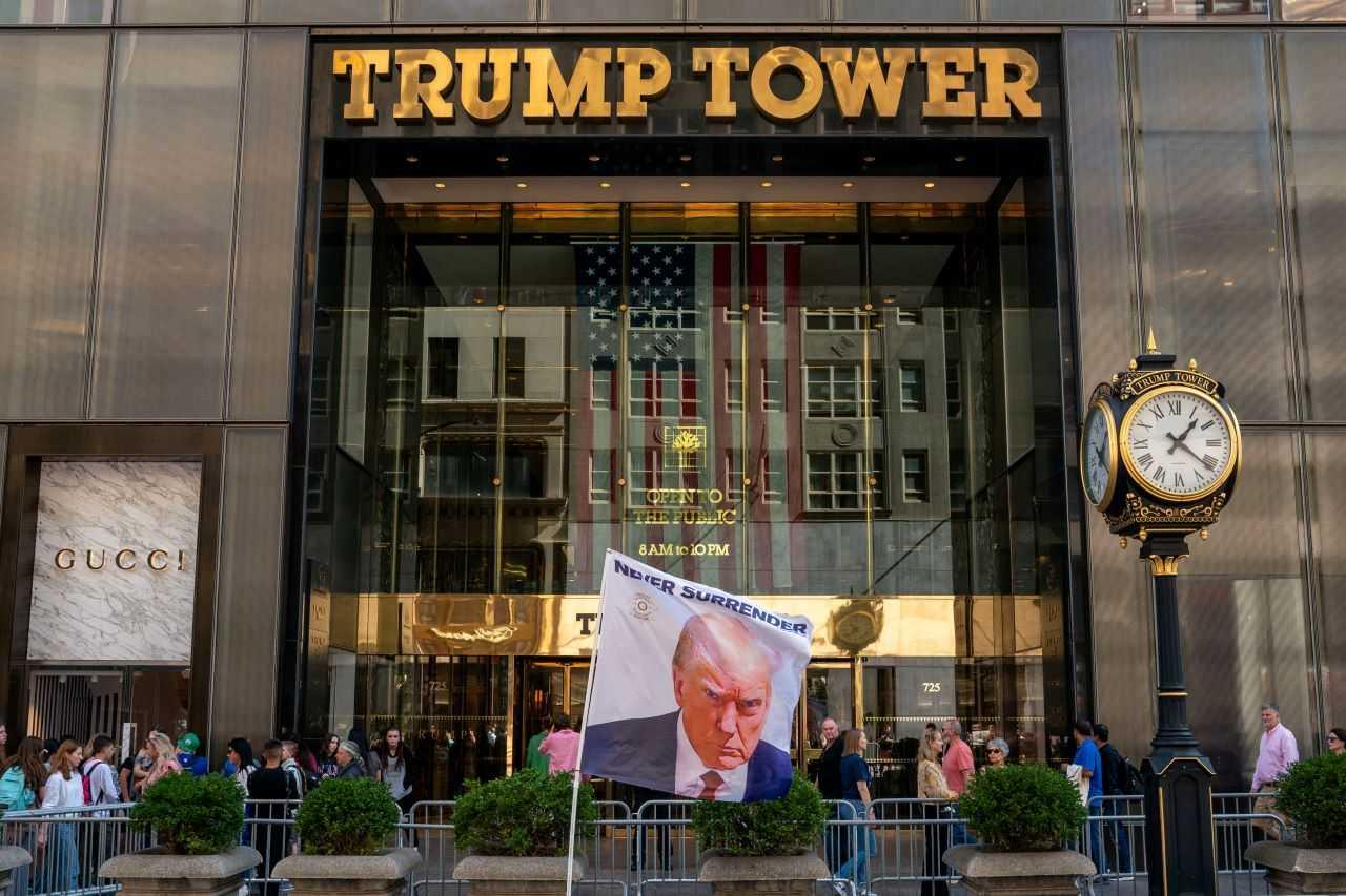 A flag depicting former US president Donald Trump is placed at Trump Tower in New York City, US, Oct 1. Photo: Reuters