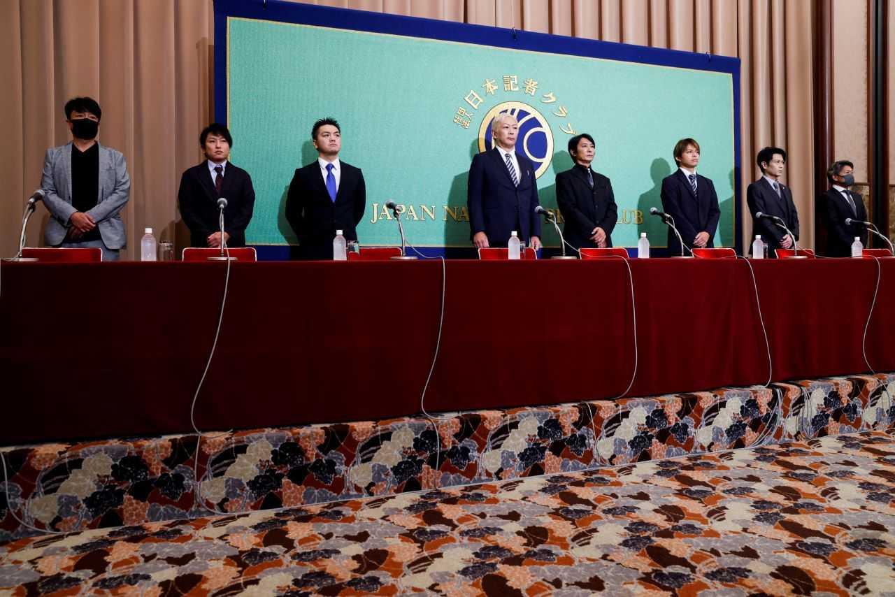 Members of Johnny's Sexual Assault Victims Association who claim to have been sexually abused by the late founder of Johnny & Associates talent agency Johnny Kitagawa, attend a press conference at Japan National Press Club in Tokyo, Japan, Sept 7. Photo: Reuters