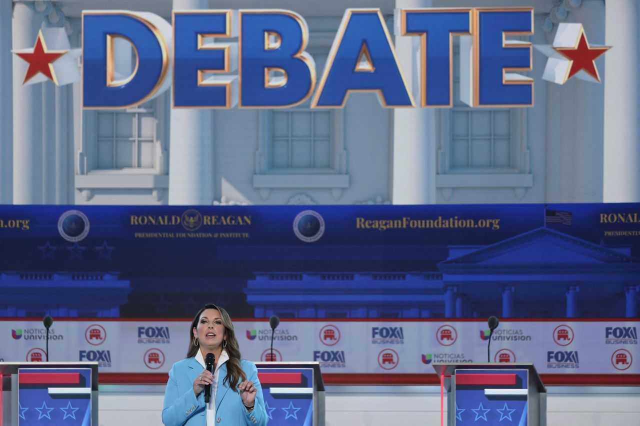 Republican National Committee (RNC) Chair Ronna McDaniel speaks to the audience before the start of the second Republican candidates' debate of the 2024 US. Photo: Reuters 