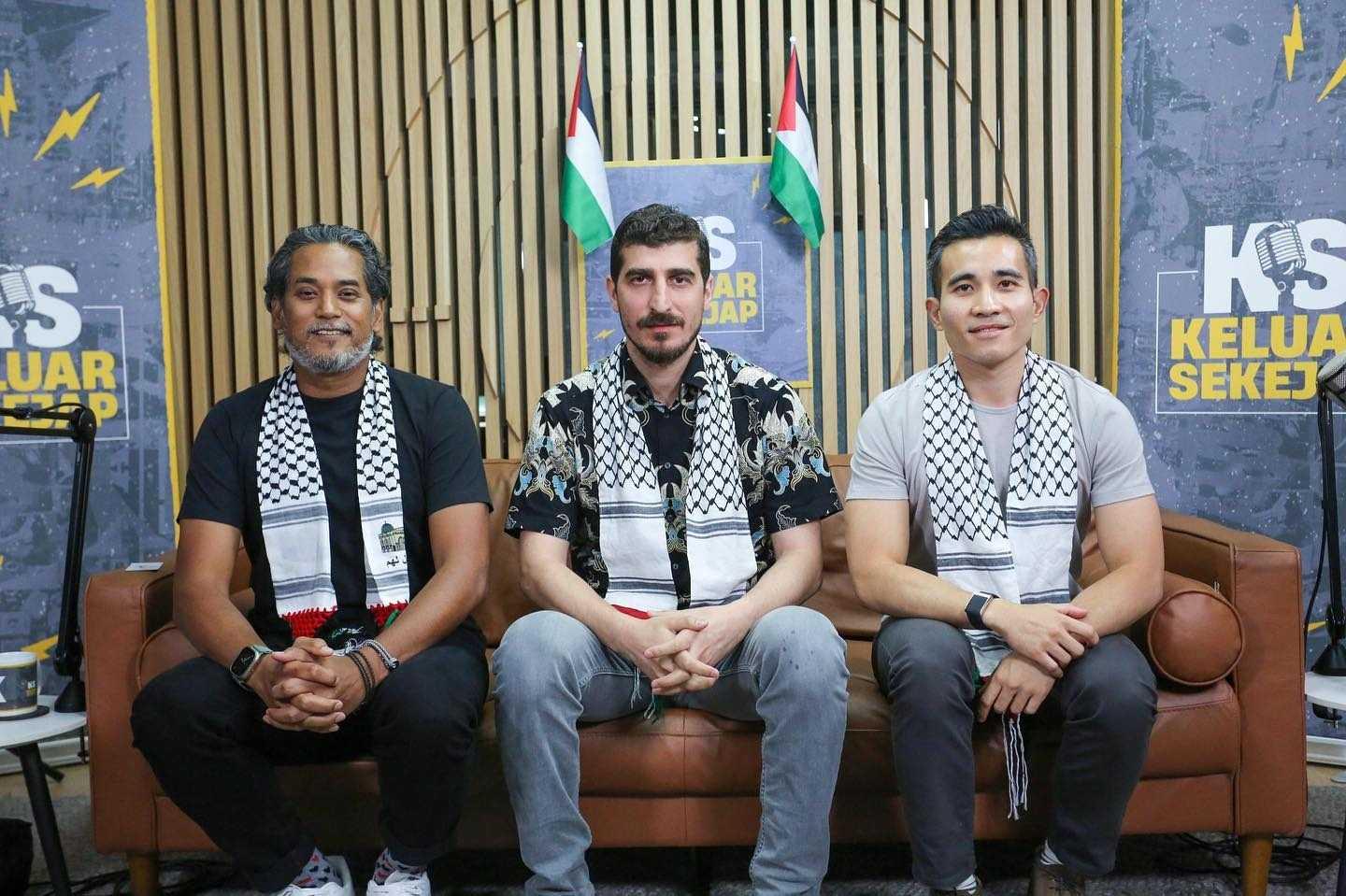 Palestinian scholar and activist Muslim Imran (centre) in a special edition of Keluar Sekejap, the podcast hosted by former Umno duo Khairy Jamaluddin and Shahril Hamdan.