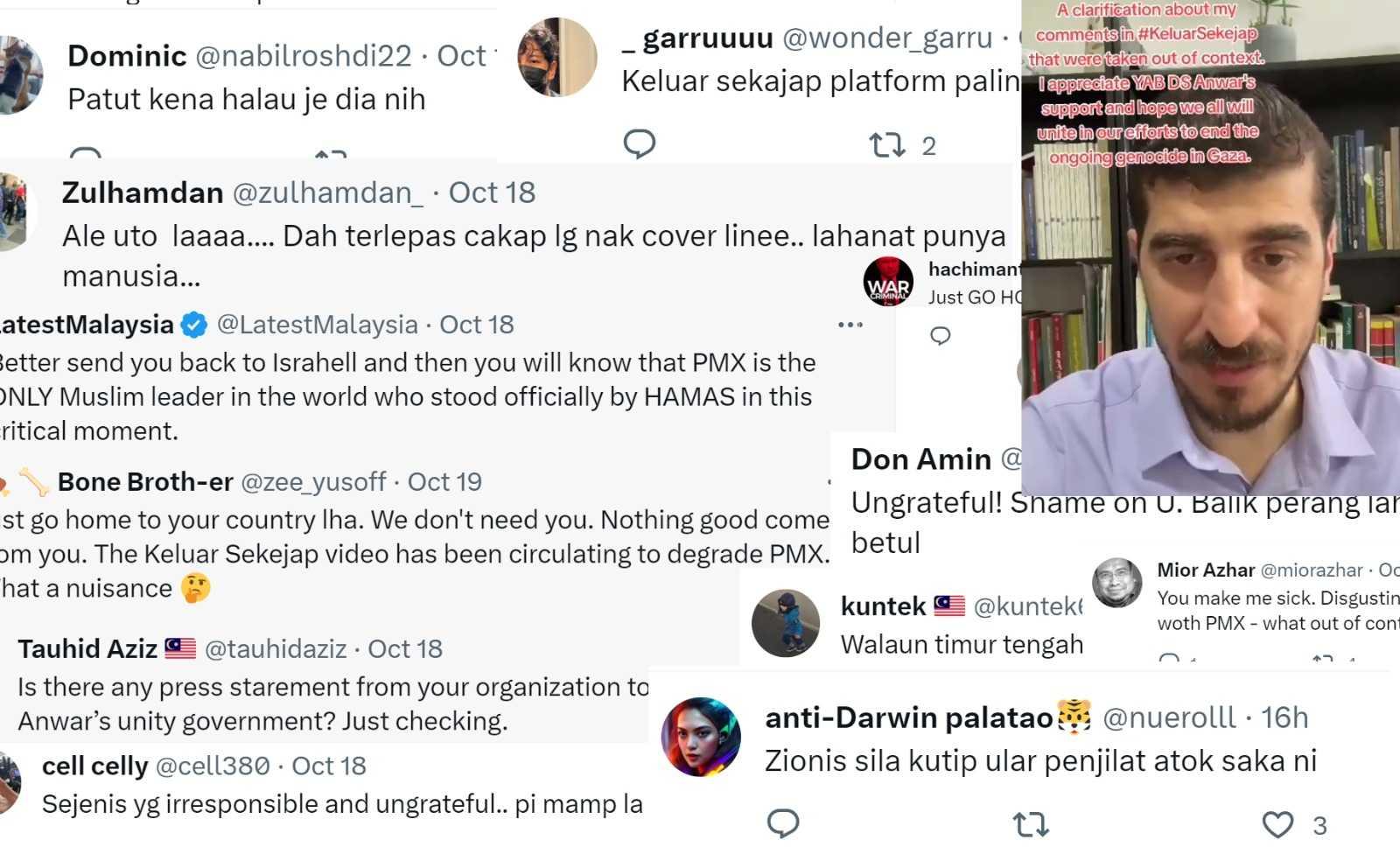Muslim Imran was subjected to a chain of comments attacking him after posting a video clip on X clarifying what he had earlier said in the Keluar Sekejap podcast.