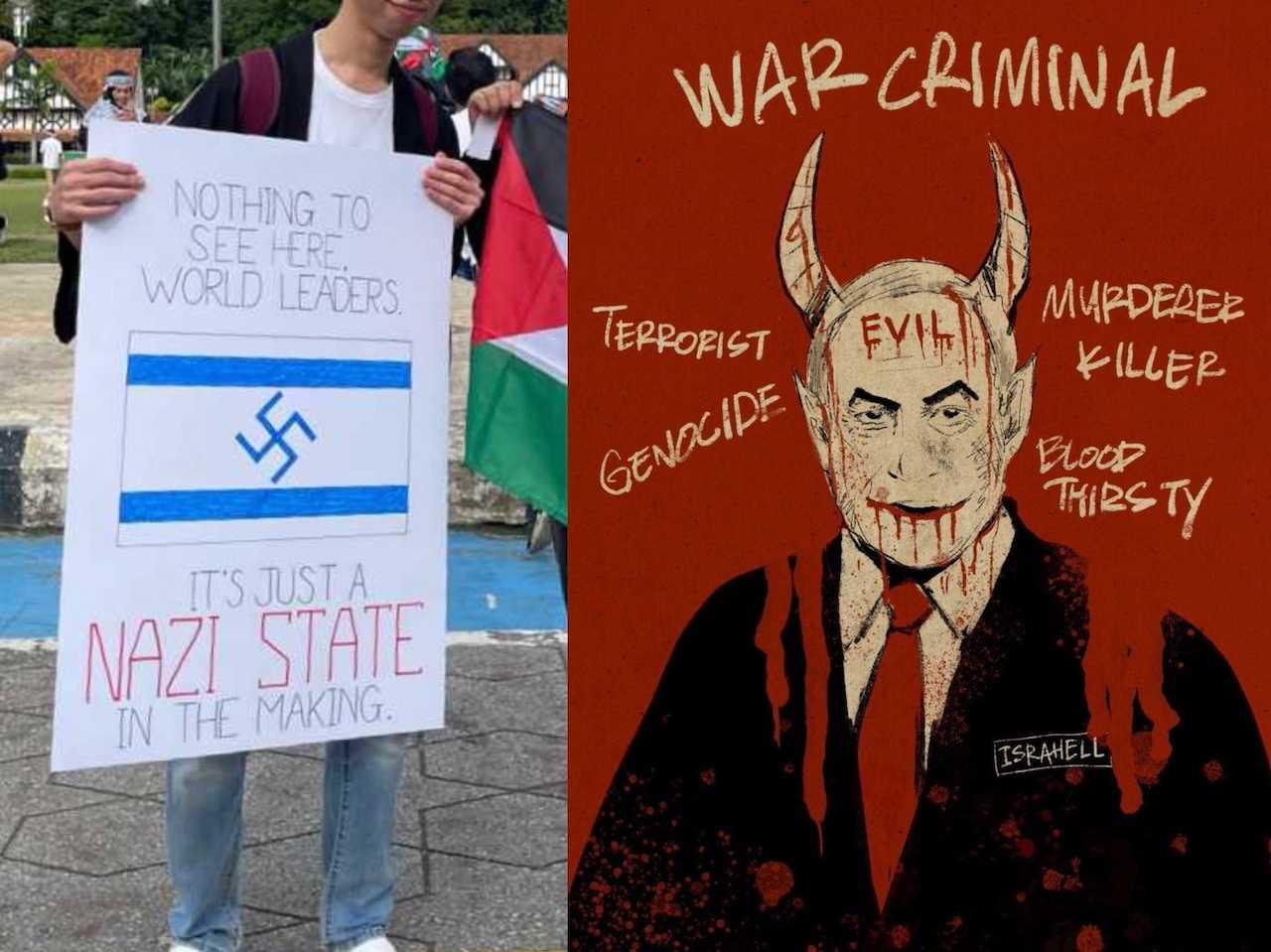 Some of the posters banned by the organisers of a pro-Palestine rally in Kuala Lumpur on Sunday. Many have questioned whether a government rally tonight will likewise bar such images. 
