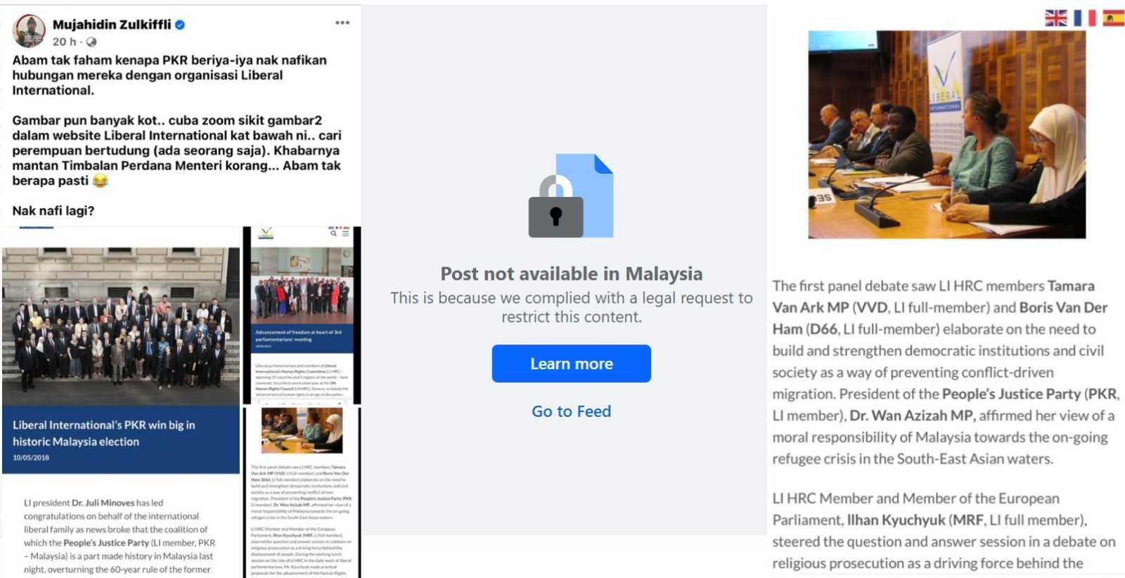 Screenshots of Facebook posts restricted for users in Malaysia, with a notice stating that the move is in compliance with a 'legal request'.
