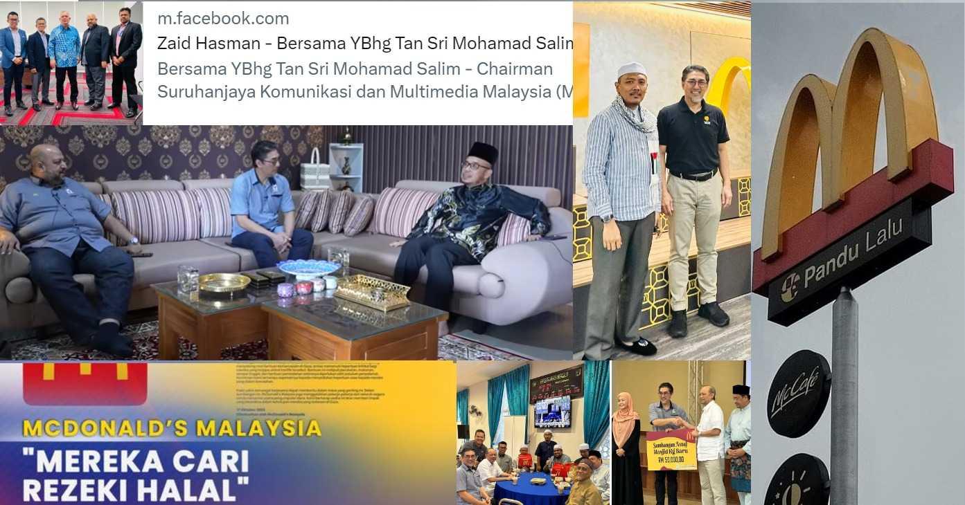 Tangkap layar kiriman media sosial menunjukkan pegawai McDonald's Malaysia di ibu pejabat SKMM (kiri atas), bersama beberapa gambar menunjukkan usaha syarikat itu melawan kempen boikot terhadapnya.