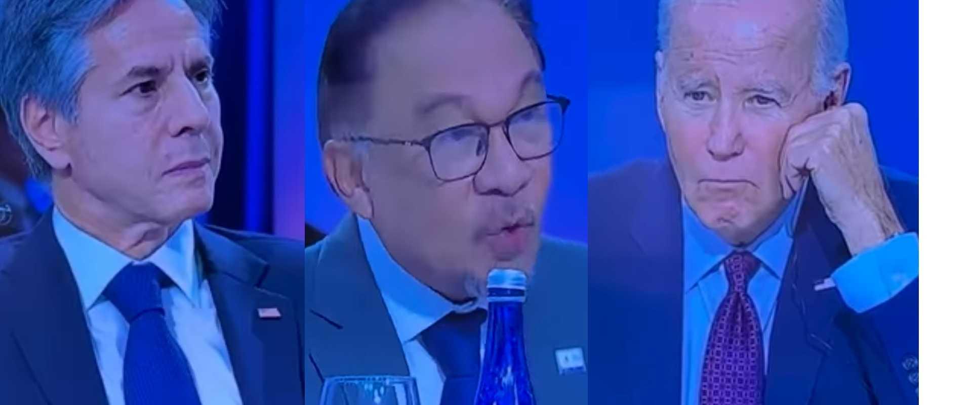 Screenshots from a video clip showing Anwar Ibrahim speaking during a closed-door session attended by world leaders, including US President Joe Biden and State Secretary Anthony Blinken, during the recent Apec meeting in San Francisco.