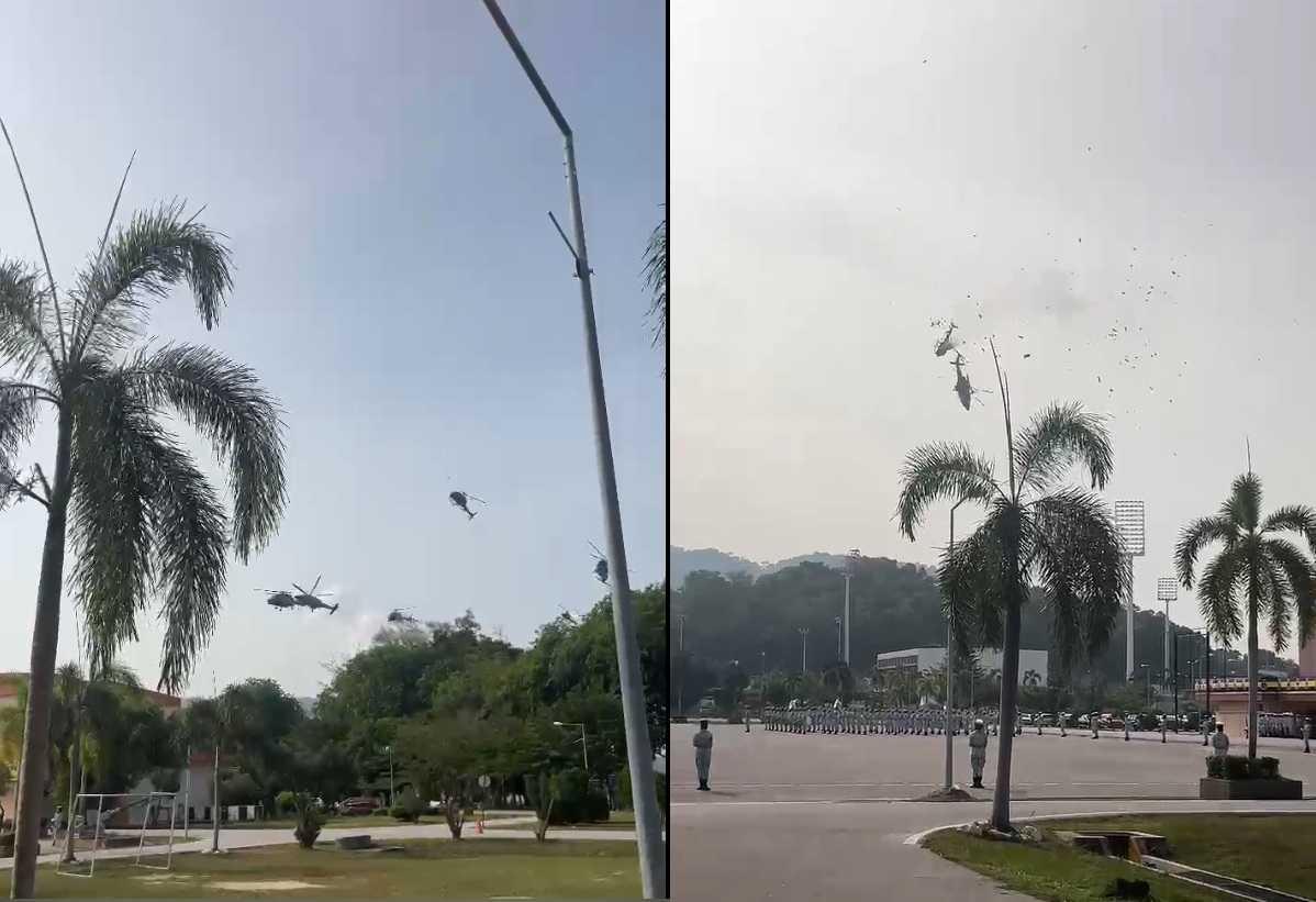 Screenshots from a video clip showing several helicopters passing by before two of them collided and crashed seconds later.
