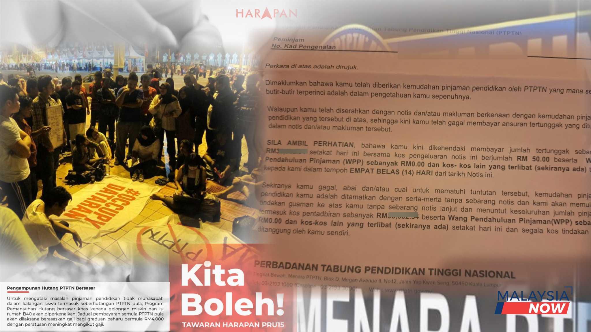 Notis dihantar kepada ribuan peminjam PTPTN sejak bulan lalu disertakan dengan ancaman tindakan mahkamah, dalam apa yang dilihat sebagai membelakangi janji Pakatan Harapan memansuhkan hutang dan meringankan beban peminjam.