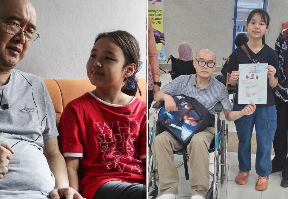 Suki has been caring for her father Wong Kon Foo since the death of her Vietnamese mother in 2021. Right: Suki shows her blue MyKad, confirming her as a Malaysian citizen.