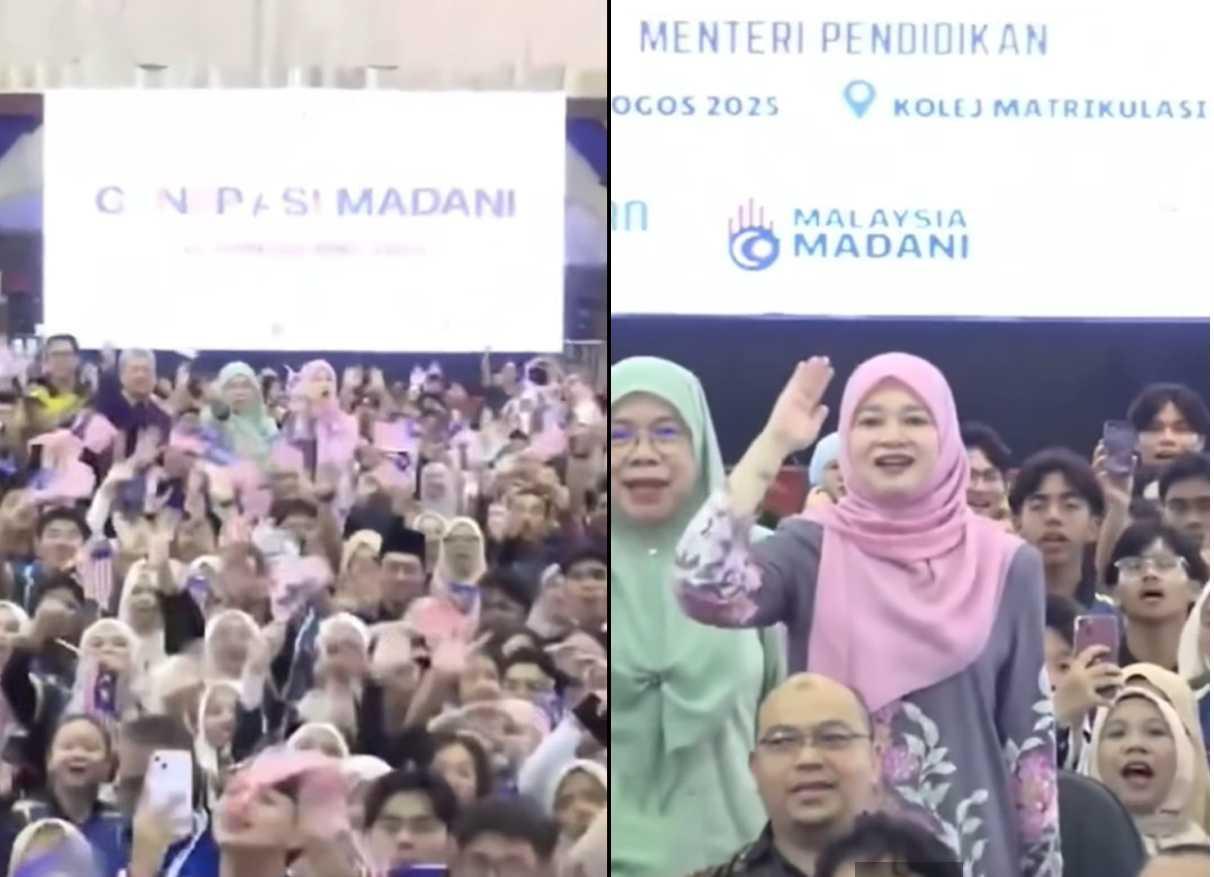 Fadhlina Sidek urging schoolchildren to chant 'We love PMX' and 'Happy Birthday' to Prime Minister Anwar Ibrahim, on Aug 10, 2025.