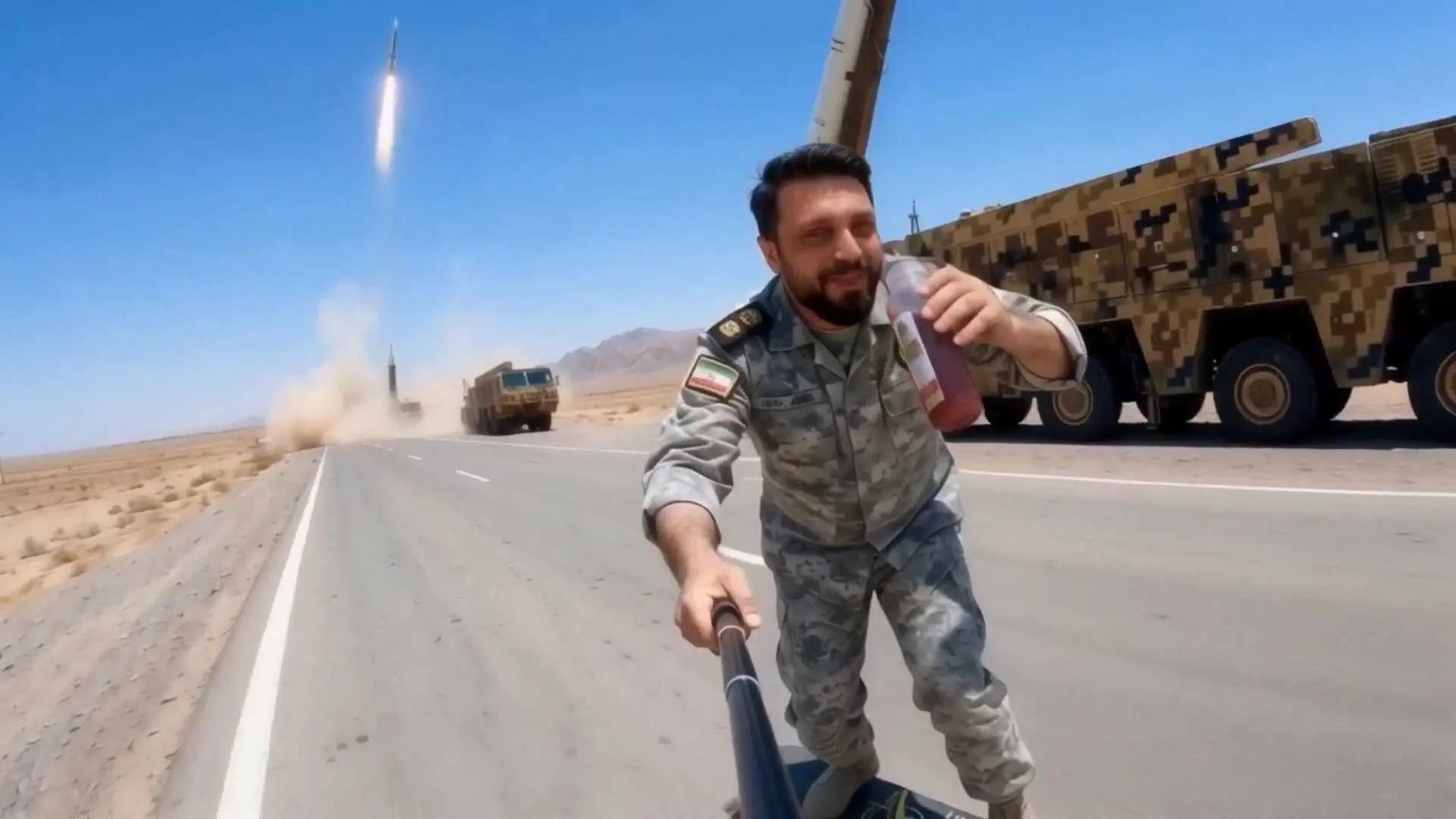 Iranian military spokesman Ibrahim Zulfaghari with a selfie stick, skateboarding and drinking while a missile is launched in the background, in one of many internet memes mocking President Donald Trump's claim of decimating Tehran's firepower.