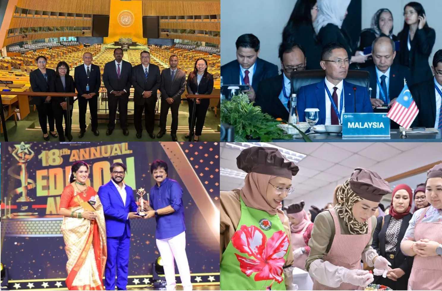 Some of the officials' trips include (clockwise from top left): a delegation from the Ministry of Natural Resources and Environmental Sustainability in New York; Ministry of Youth and Sports secretary-general Rahimi Ismail in Bali, Indonesia; Plantation and Commodities Minister Noraini Ahmad in Shanghai; and National Unity Deputy Minister R. Yuneswaran in Chennai, India.