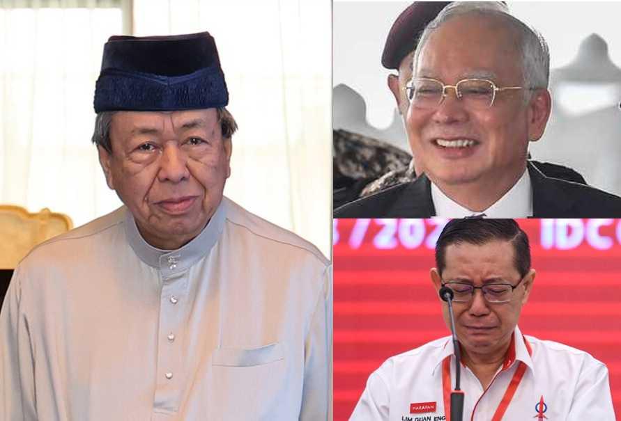 Sultan Sharafuddin Idris Shah (left) thanks Najib Razak (top right) for agreeing to build the LRT3 line, while criticising DAP’s Lim Guan Eng (bottom right) for questioning the project’s benefits.