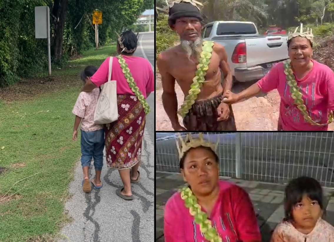 Juliana and her daughter begin their journey on foot in Maran (left). Top right: Juliana and her husband protest against the demolition of their village in Maran, Pahang, on July 16, 2026.