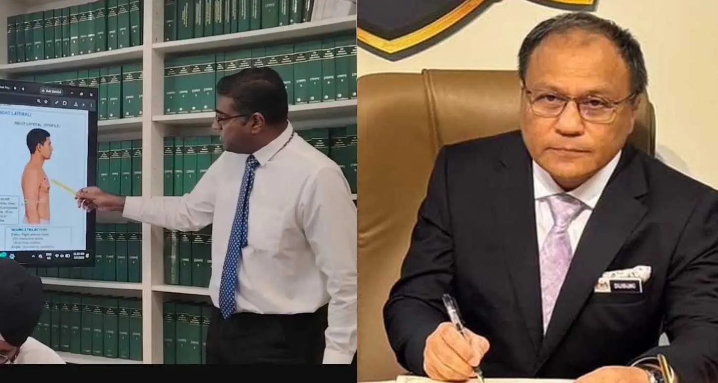 Lawyer Rajesh Nagarajan (left), seen here presenting details of a post mortem report on July 6, 2026, has called for the resignation of Attorney-General Mohd Dusuki Mokhtar (right).