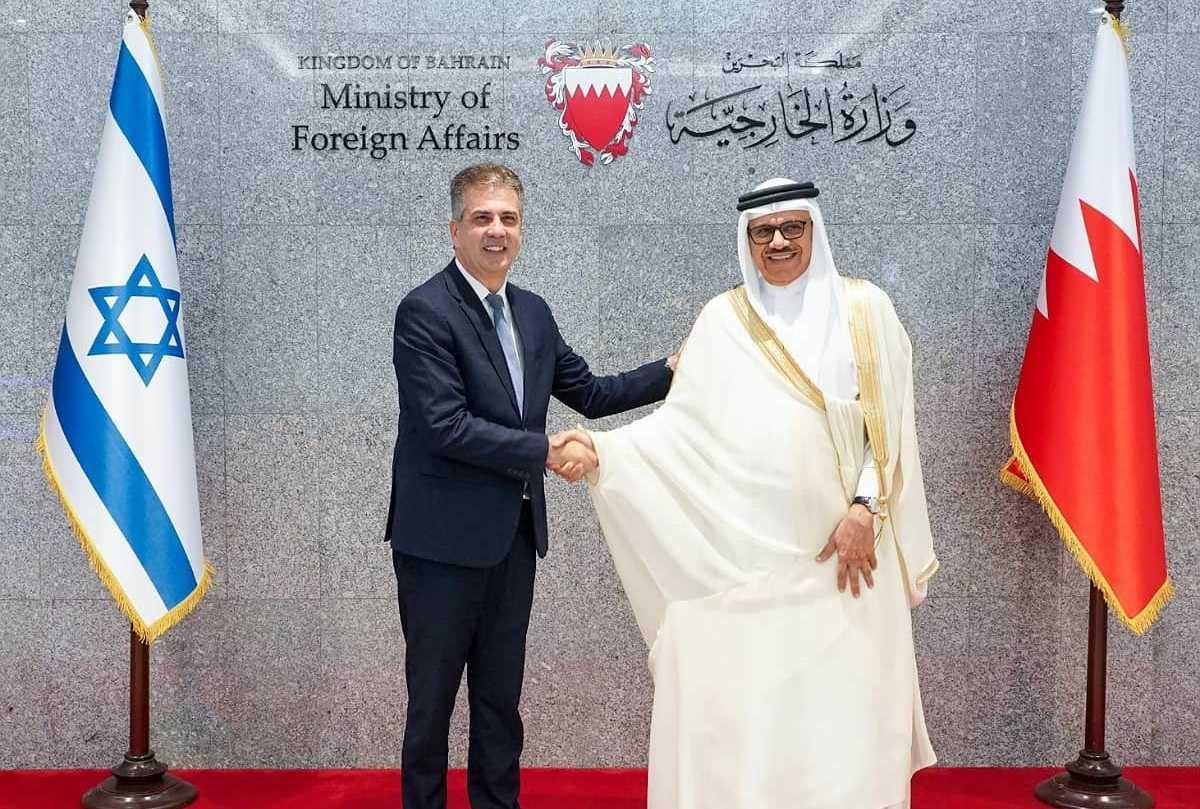 Israeli Foreign Minister Eli Cohen and his Bahraini counterpart Abdullatif Rashid Al Zayani during the opening of the Israeli embassy in Manama, Bahrain in 2023.